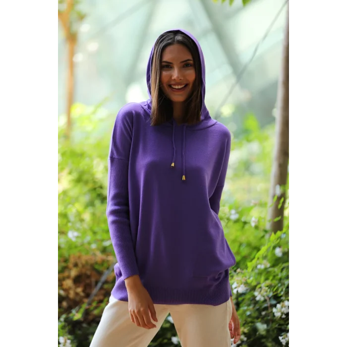 Kadın Mor Kapşonlu Kanguru Cepli Triko Sweat