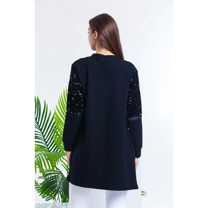 Kadın Siyah Pulpayet Ve İnci Detaylı Selanik Kumaş Ceket