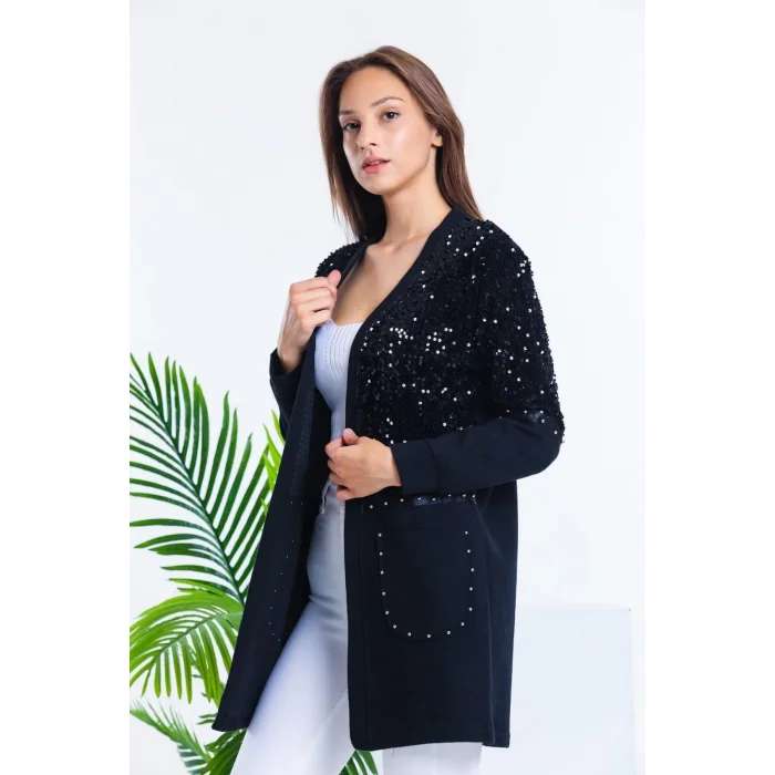Kadın Siyah Pulpayet Ve İnci Detaylı Selanik Kumaş Ceket