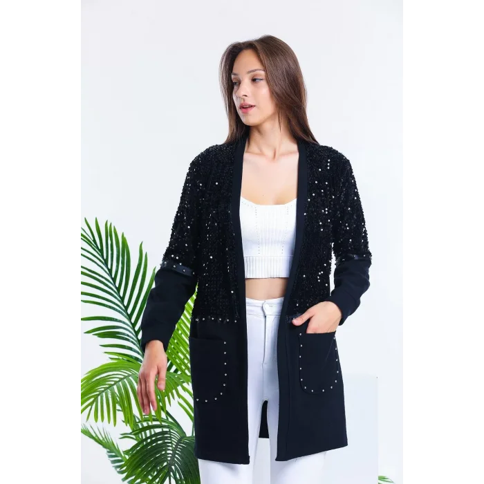 Kadın Siyah Pulpayet Ve İnci Detaylı Selanik Kumaş Ceket