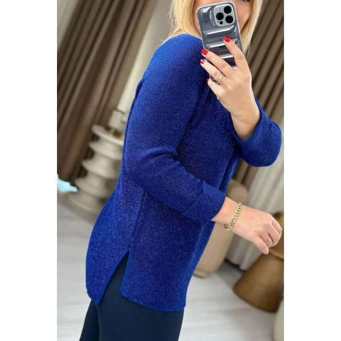 Kadın Mavi Bisiklet Yaka SİMLİ İnce Tiriko Duble Kol Manşetli Bluz