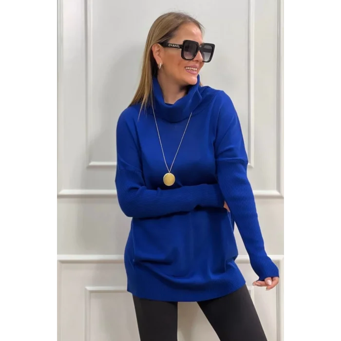 Kadın Saks Mavi Degaje Yaka Yandan Cepli Likralı İnce  Triko Bluz