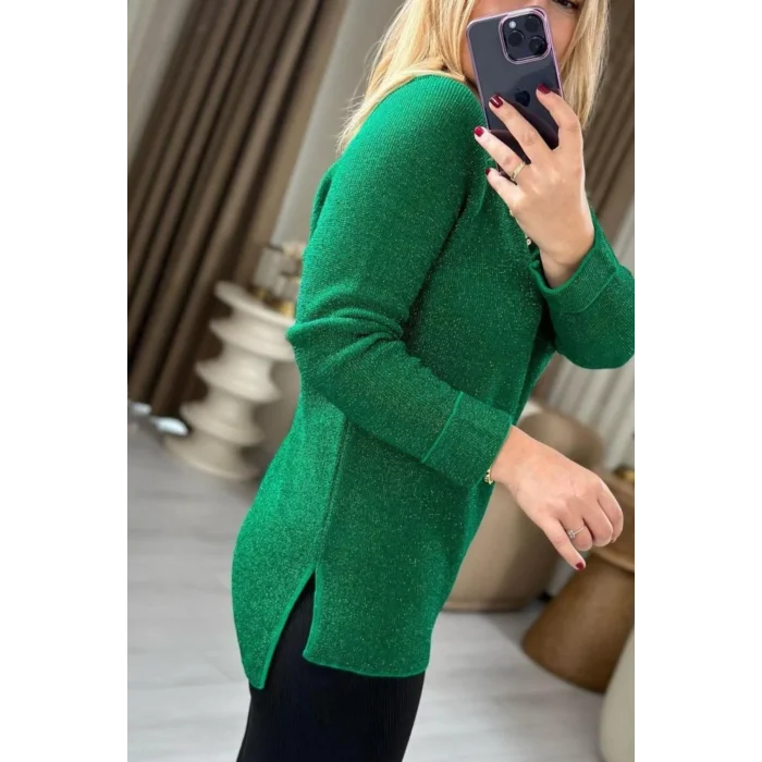 Kadın Yeşil Bisiklet Yaka SİMLİ İnce Tiriko Duble Kol Manşetli Bluz