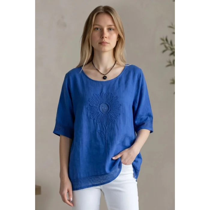 %100 YIKAMALI KETEN KUMAŞ AYÇIÇEĞI APLİKELİ OTANTIK BLUZ