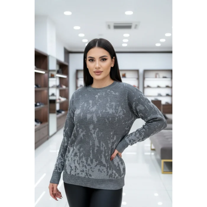 Kadın Koyu Gri Sim Detaylı Bisiklet Yaka Batik Desen Yeni Sezon Likralı Esnek Tiriko Kazak