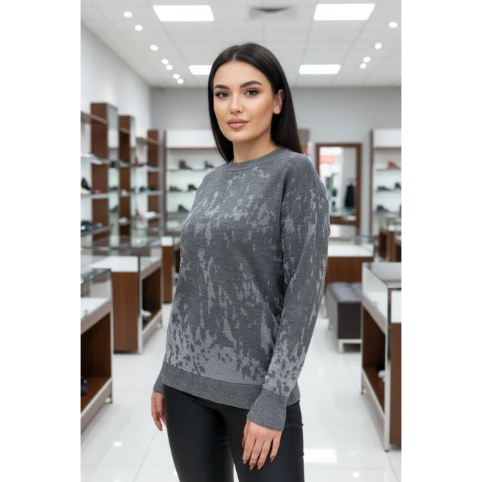 Kadın Koyu Gri Sim Detaylı Bisiklet Yaka Batik Desen Yeni Sezon Likralı Esnek Tiriko Kazak