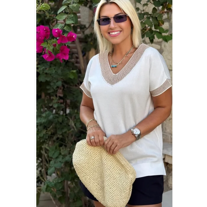 Kadın Beyaz V Yaka Yakası Sim Detaylı Soğuk İplik Yazlık İnce Merserize Buluz