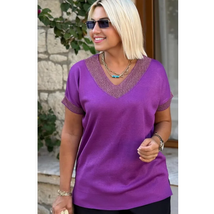 Kadın Mor V Yaka Yakası Sim Detaylı Soğuk İplik Yazlık İnce Merserize Buluz