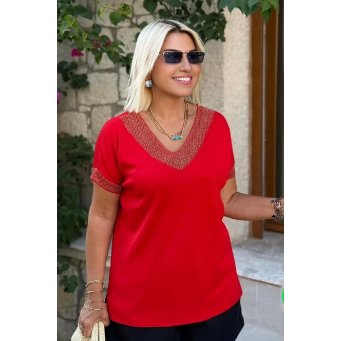 Kadın Kırmızı V Yaka Yakası Sim Detaylı Soğuk İplik Yazlık İnce Merserize Buluz