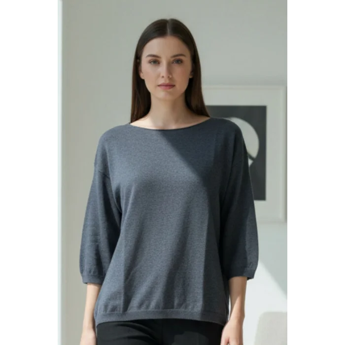 Kadın Melanjlı Lacivert Kayık Yaka Likralı İnce % 100 PAMUK İPLİK Triko Bluz