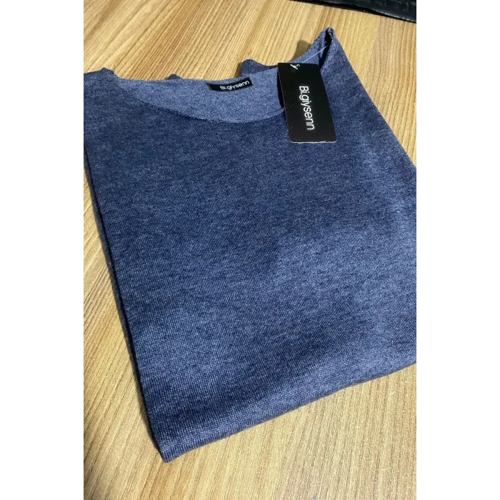 Kadın Melanjlı Lacivert Kayık Yaka Likralı İnce % 100 PAMUK İPLİK Triko Bluz