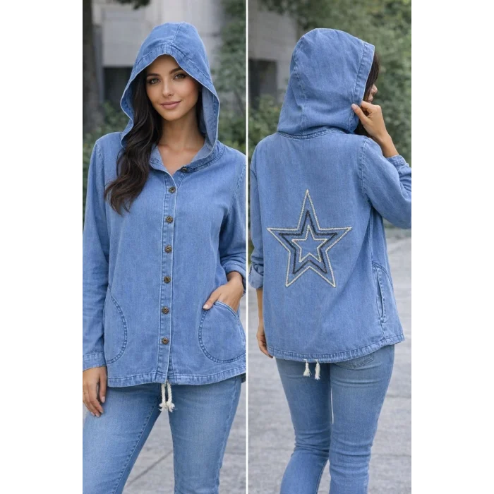 Kadın Açık Mavi Sırtı Yıldız Nakışlı Kapüşonlu Cepli Eteği Kordonlu KOT Gömlek Ceket