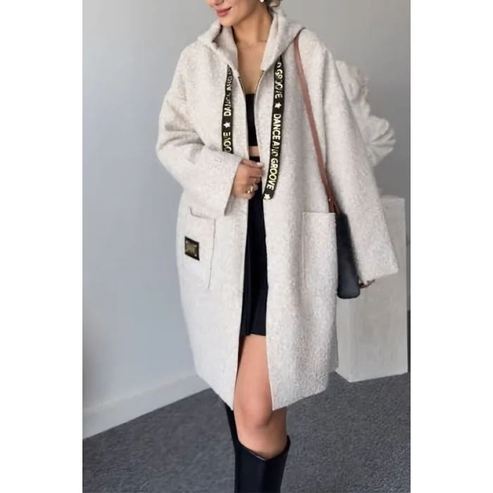 Kadın Kapüsonlu EKRU Cepli Kıvırcık Buklet Kumaş ASTARSIZ Mevsimlik Mont