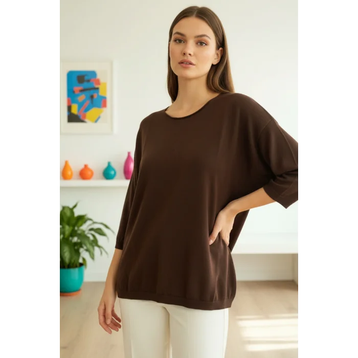 Kadın Koyu Kahverengi Kayık Yaka Likralı % 100 PAMUK İPLİK İnce Triko Bluz