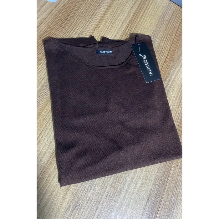 Kadın Koyu Kahverengi Kayık Yaka Likralı % 100 PAMUK İPLİK İnce Triko Bluz