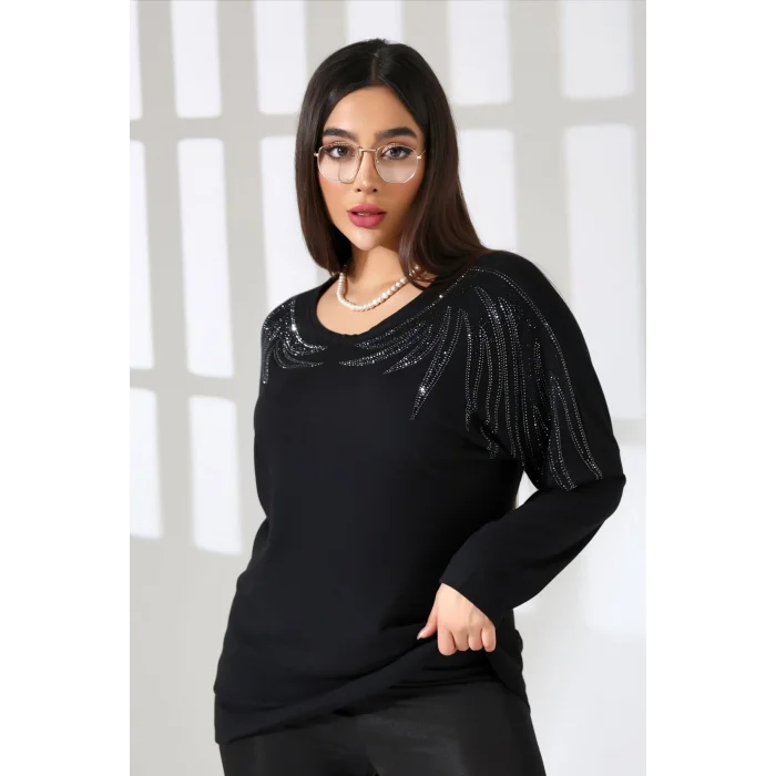 Kadın Siyah Bisiklet Yaka Omuzlar Kıristal Taş İşlemeli Likralı Esnek Buluz
