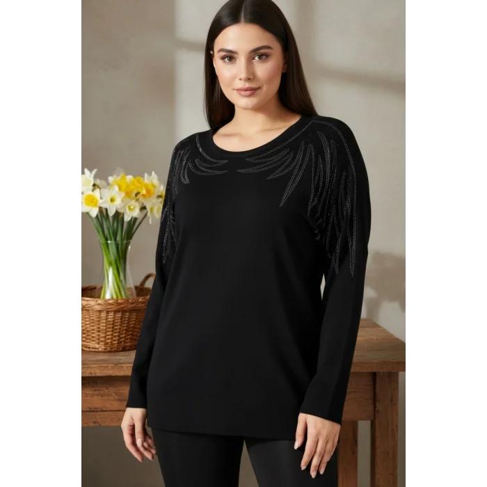 Kadın Siyah Bisiklet Yaka Omuzlar Kıristal Taş İşlemeli Likralı Esnek Buluz
