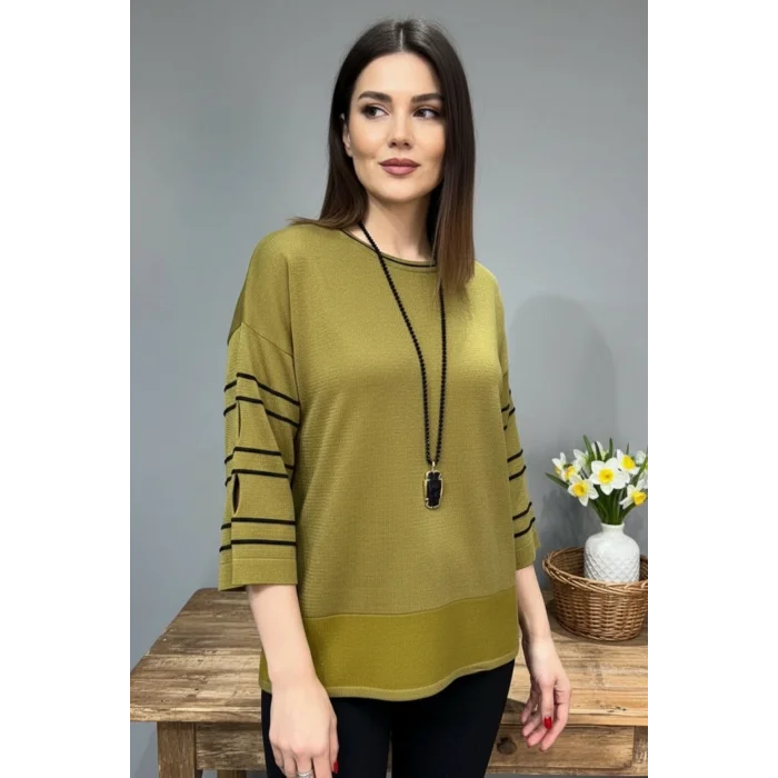 Kadın YAĞ YEŞİLİ  Bisiklet Yaka Kol Ve Eteği Yırtmaçlı Likralı Yumuşak Dokulu Simli İnce Merserize Triko