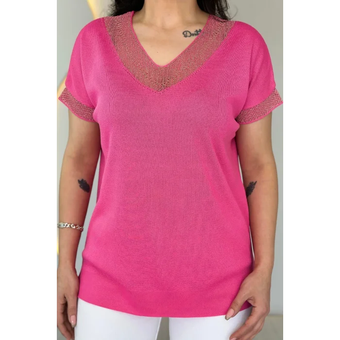 Kadın PEMBE V Yaka Yakası Sim Detaylı Soğuk İplik Yazlık İnce Merserize Buluz