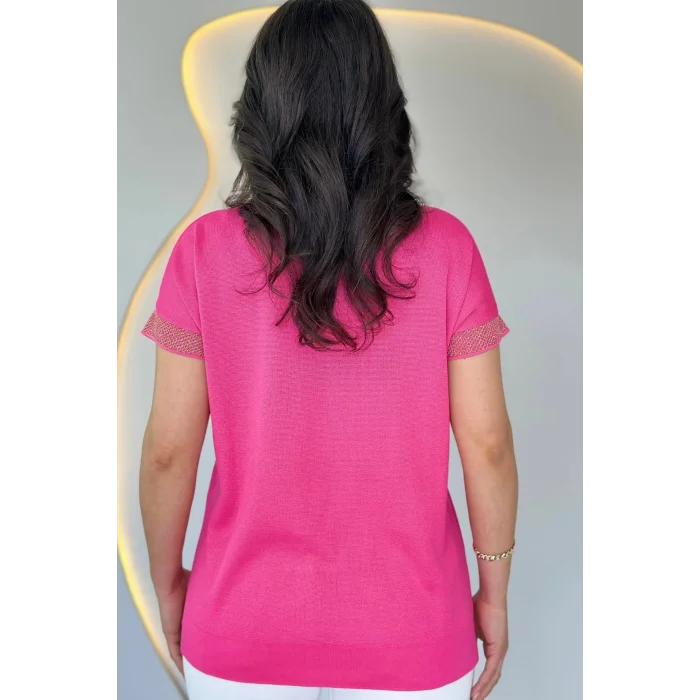 Kadın PEMBE V Yaka Yakası Sim Detaylı Soğuk İplik Yazlık İnce Merserize Buluz