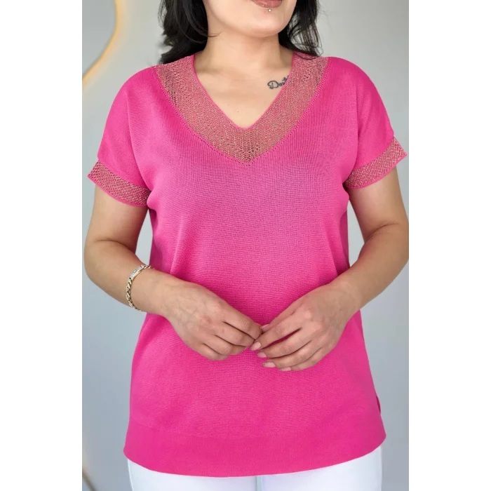 Kadın PEMBE V Yaka Yakası Sim Detaylı Soğuk İplik Yazlık İnce Merserize Buluz