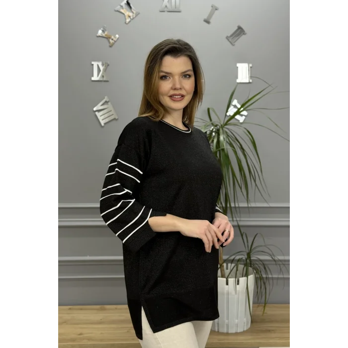 Kadın Siyah Bisiklet Yaka Kollar Biyeli Kol Ucu Ve Eteği Yırtmaçlı Simli İthal İplik İnce Tiriko Tunik Buluz