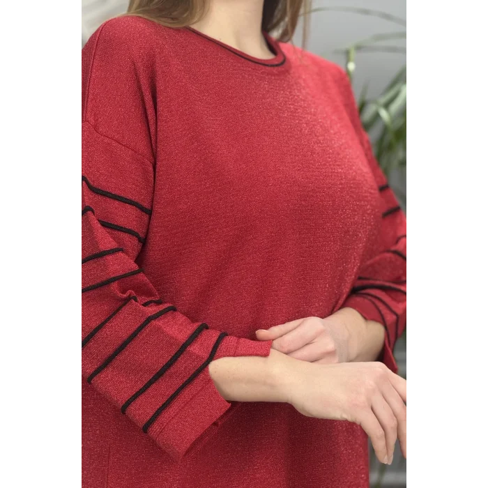 Kadın Kırmızı Bisiklet Yaka Kollar Biyeli Kol Ucu Ve Eteği Yırtmaçlı Simli İthal İplik İnce Tiriko Tunik Buluz