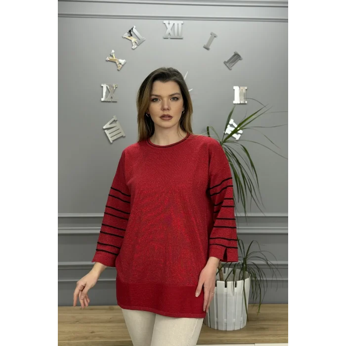 Kadın Kırmızı Bisiklet Yaka Kollar Biyeli Kol Ucu Ve Eteği Yırtmaçlı Simli İthal İplik İnce Tiriko Tunik Buluz