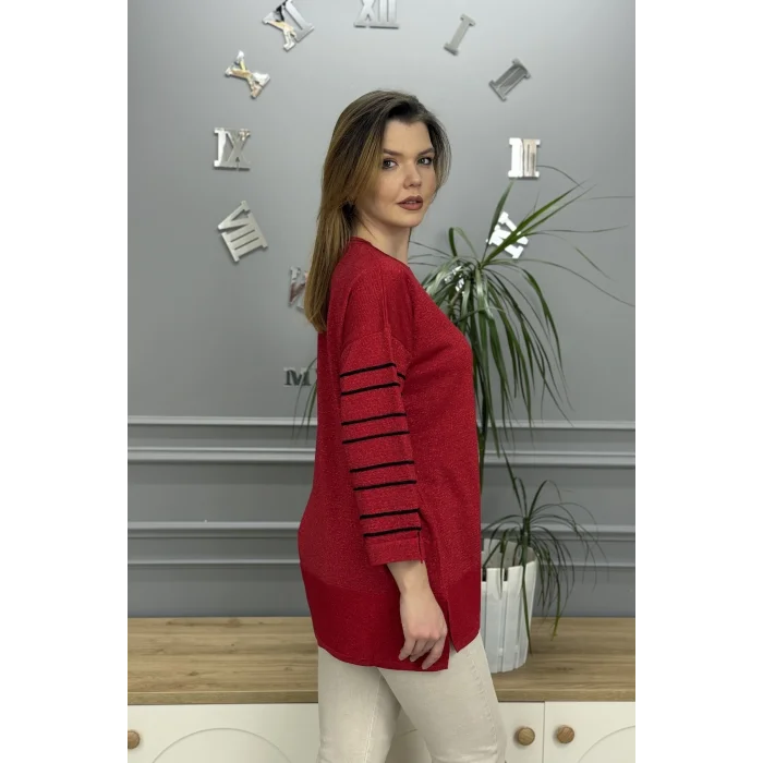 Kadın Kırmızı Bisiklet Yaka Kollar Biyeli Kol Ucu Ve Eteği Yırtmaçlı Simli İthal İplik İnce Tiriko Tunik Buluz