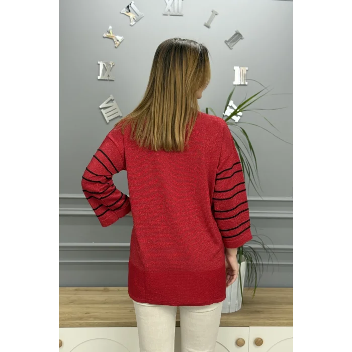 Kadın Kırmızı Bisiklet Yaka Kollar Biyeli Kol Ucu Ve Eteği Yırtmaçlı Simli İthal İplik İnce Tiriko Tunik Buluz