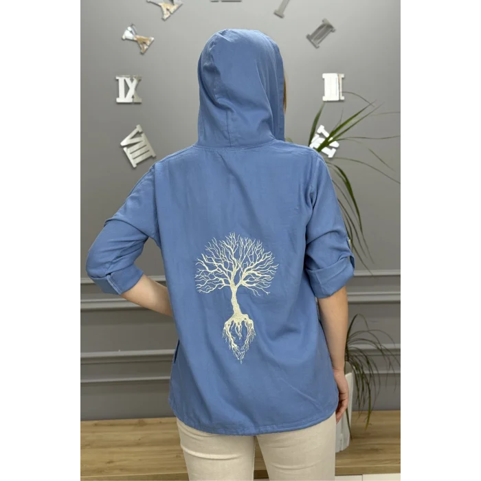 Kadın Mavi Kapüşonlu Sırtı Hayat Ağacı Nakışlı Pamuk Keten Kumaş Katlamalı Uzun Kol Gömlek Ceket