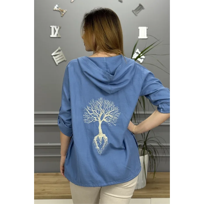 Kadın Mavi Kapüşonlu Sırtı Hayat Ağacı Nakışlı Pamuk Keten Kumaş Katlamalı Uzun Kol Gömlek Ceket