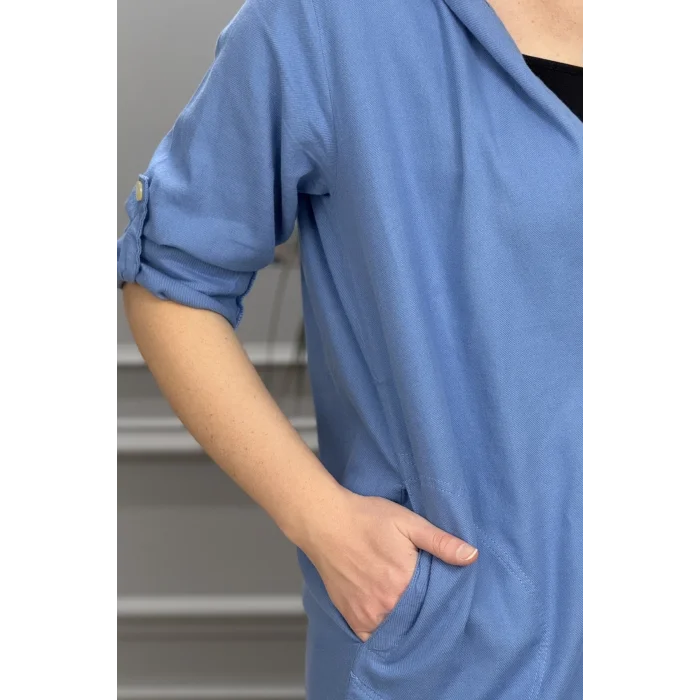 Kadın Mavi Kapüşonlu Sırtı Hayat Ağacı Nakışlı Pamuk Keten Kumaş Katlamalı Uzun Kol Gömlek Ceket