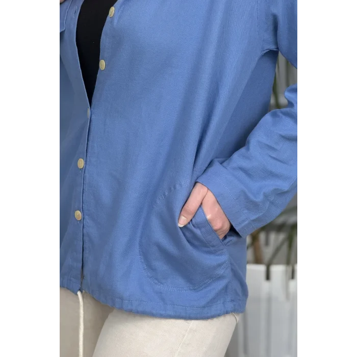 Kadın Mavi Kapüşonlu Sırtı Hayat Ağacı Nakışlı Pamuk Keten Kumaş Katlamalı Uzun Kol Gömlek Ceket