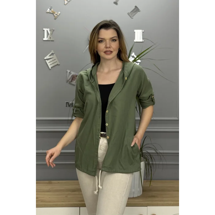 Kadın Haki Yeşil  Kapüşonlu Sırtı Hayat Ağacı Nakışlı Pamuk Keten Kumaş Katlamalı Uzun Kol Gömlek Ceket