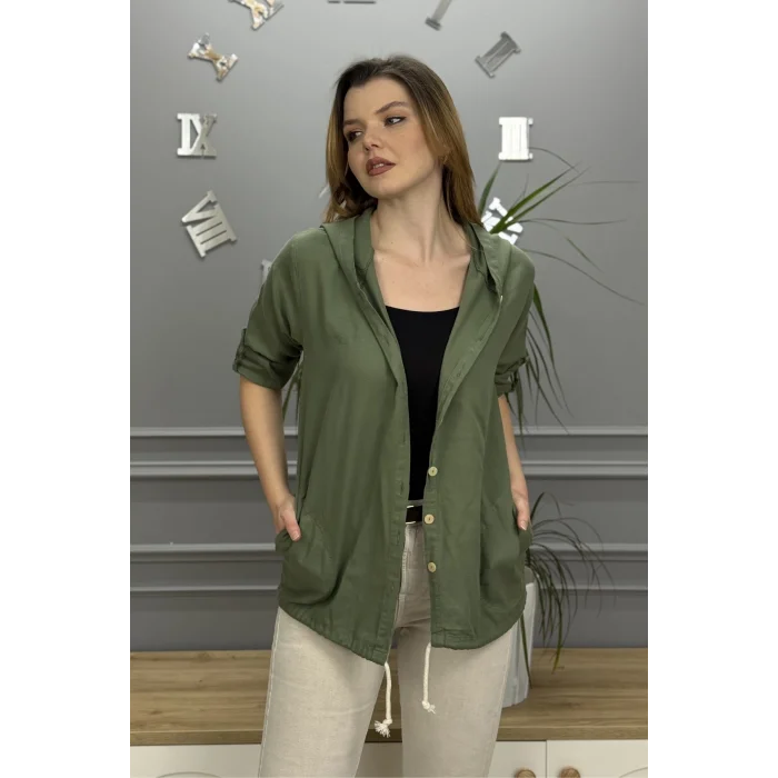 Kadın Haki Yeşil  Kapüşonlu Sırtı Hayat Ağacı Nakışlı Pamuk Keten Kumaş Katlamalı Uzun Kol Gömlek Ceket