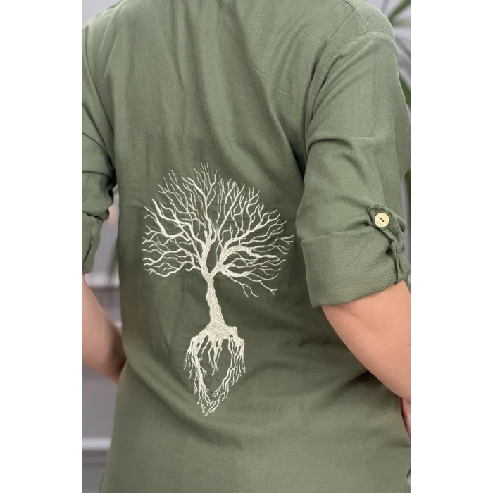 Kadın Haki Yeşil  Kapüşonlu Sırtı Hayat Ağacı Nakışlı Pamuk Keten Kumaş Katlamalı Uzun Kol Gömlek Ceket