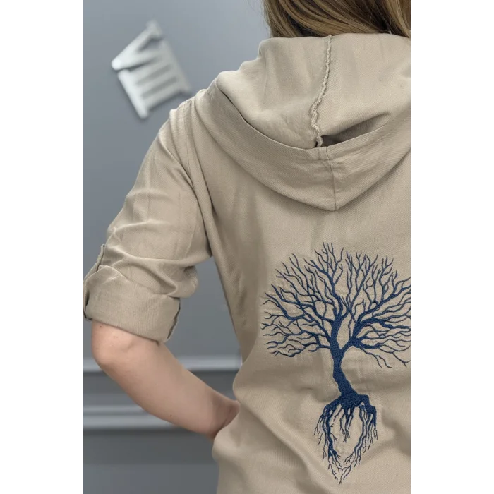 Kadın Kamel Kapüşonlu Sırtı Hayat Ağacı Nakışlı Pamuk Keten Kumaş Katlamalı Uzun Kol Gömlek Ceket