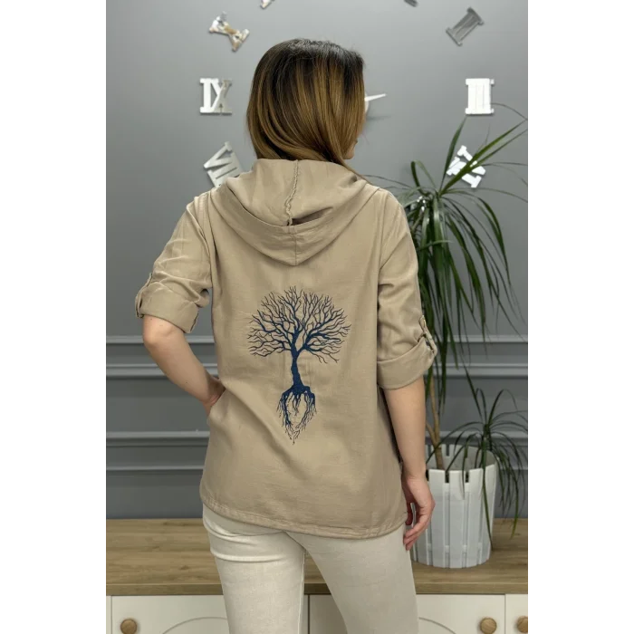 Kadın Kamel Kapüşonlu Sırtı Hayat Ağacı Nakışlı Pamuk Keten Kumaş Katlamalı Uzun Kol Gömlek Ceket