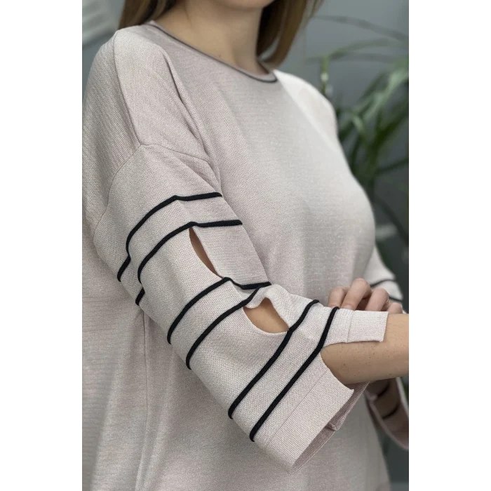 Kadın Pembe Bisiklet Yaka Kol Ve Eteği Yırtmaçlı Likralı Yumuşak Dokulu Simli İnce Merserize Triko