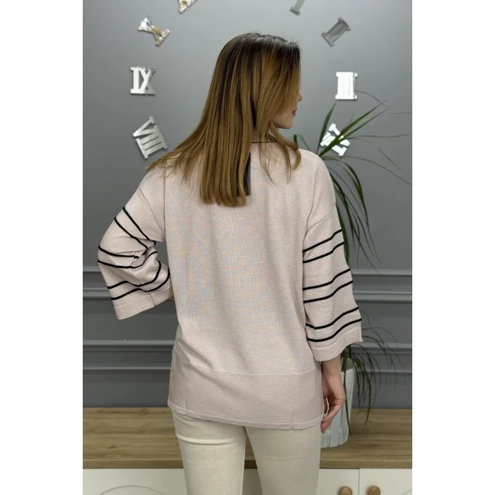 Kadın Pembe Bisiklet Yaka Kol Ve Eteği Yırtmaçlı Likralı Yumuşak Dokulu Simli İnce Merserize Triko