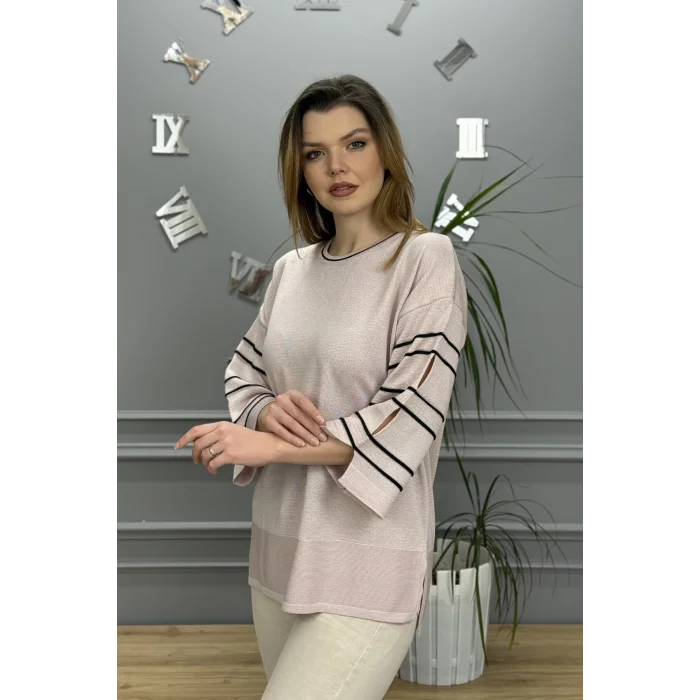 Kadın Pembe Bisiklet Yaka Kol Ve Eteği Yırtmaçlı Likralı Yumuşak Dokulu Simli İnce Merserize Triko