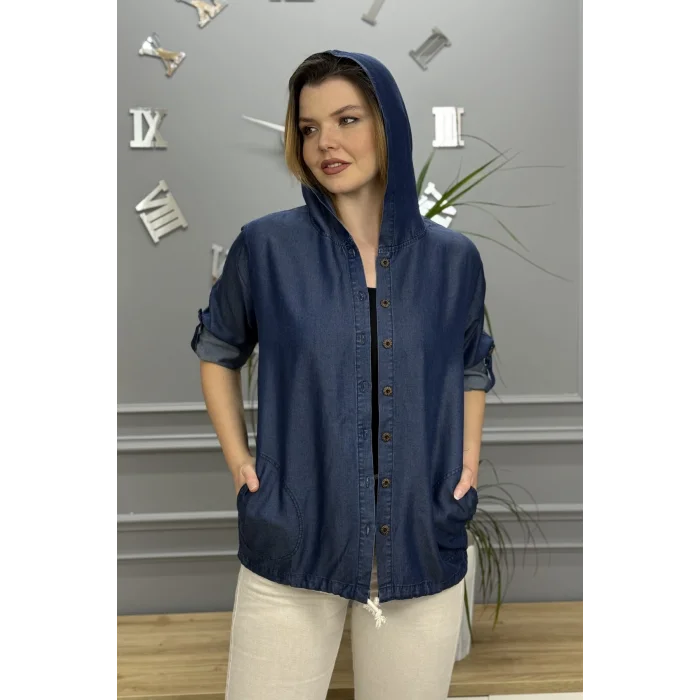 Kadın Koyu Mavi TENSEL Sırtı Yıldız Nakışlı Kapüşonlu Cepli Eteği Kordonlu KOT Gömlek Ceket