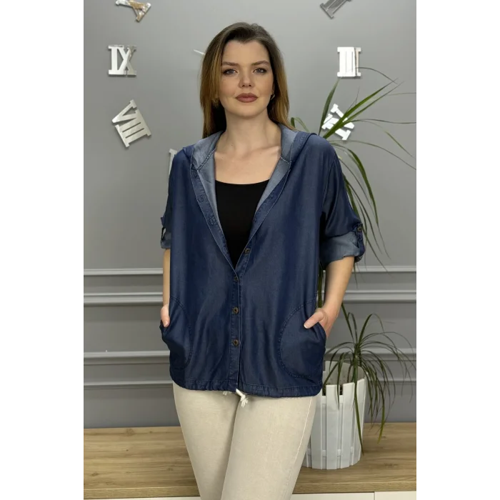 Kadın Koyu Mavi TENSEL Sırtı Yıldız Nakışlı Kapüşonlu Cepli Eteği Kordonlu KOT Gömlek Ceket