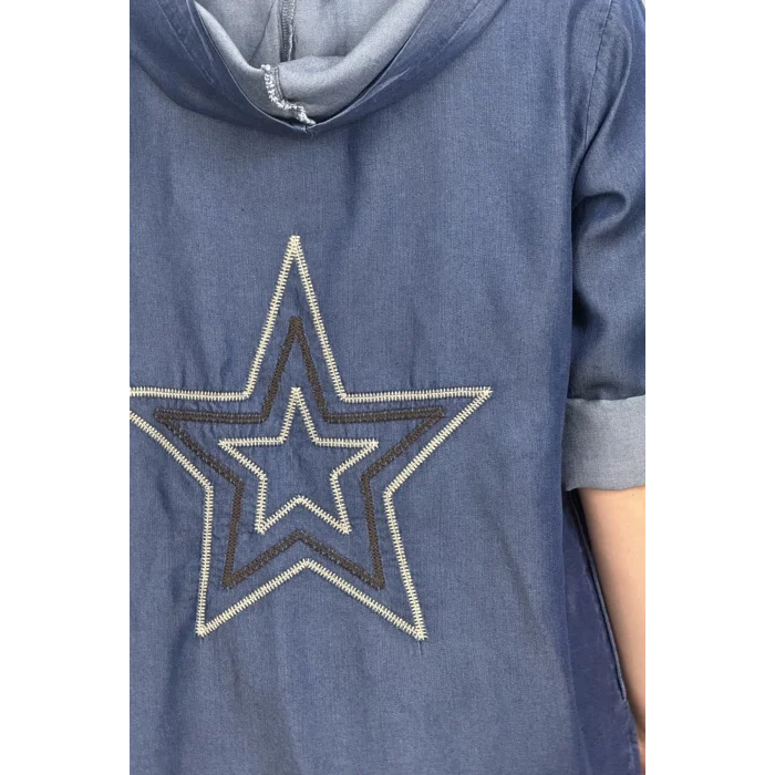 Kadın Koyu Mavi TENSEL Sırtı Yıldız Nakışlı Kapüşonlu Cepli Eteği Kordonlu KOT Gömlek Ceket