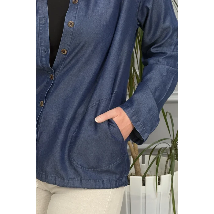 Kadın Koyu Mavi TENSEL Sırtı Yıldız Nakışlı Kapüşonlu Cepli Eteği Kordonlu KOT Gömlek Ceket