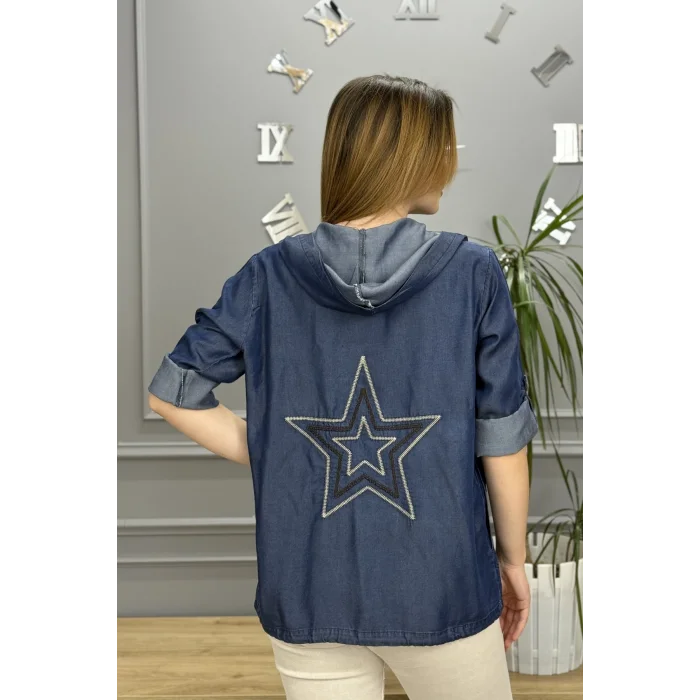 Kadın Koyu Mavi TENSEL Sırtı Yıldız Nakışlı Kapüşonlu Cepli Eteği Kordonlu KOT Gömlek Ceket