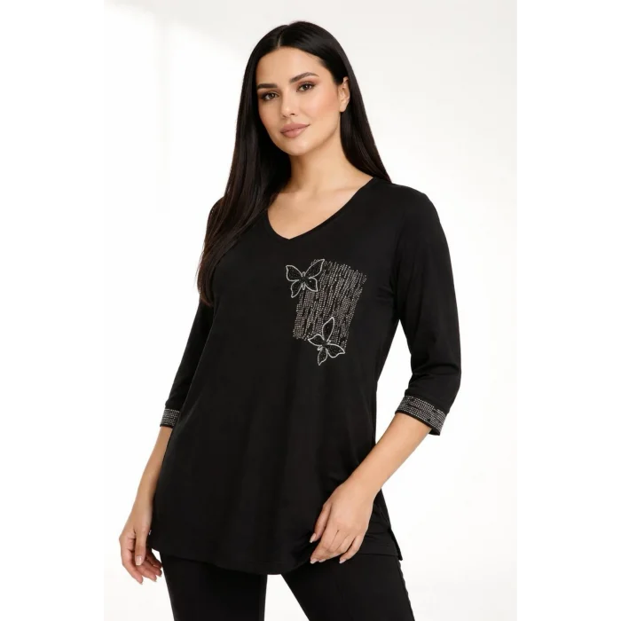 Kadın Siyah V Yaka Göğsü Çift Kelebek Kristal Taşlı Likralı Büyük Beden Buluz