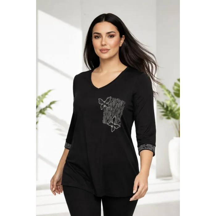 Kadın Siyah V Yaka Göğsü Çift Kelebek Kristal Taşlı Likralı Büyük Beden Buluz