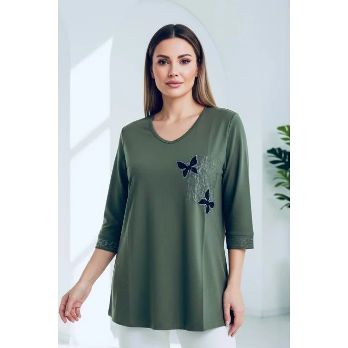 Kadın YEŞİL  V Yaka Göğsü Çift Kelebek Kristal Taşlı Likralı Büyük Beden Buluz